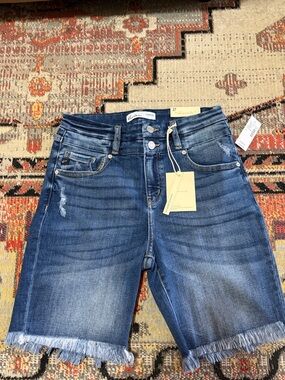 KanCan Medium Blue Distressed Frayed Hem Denim Bermuda Shorts